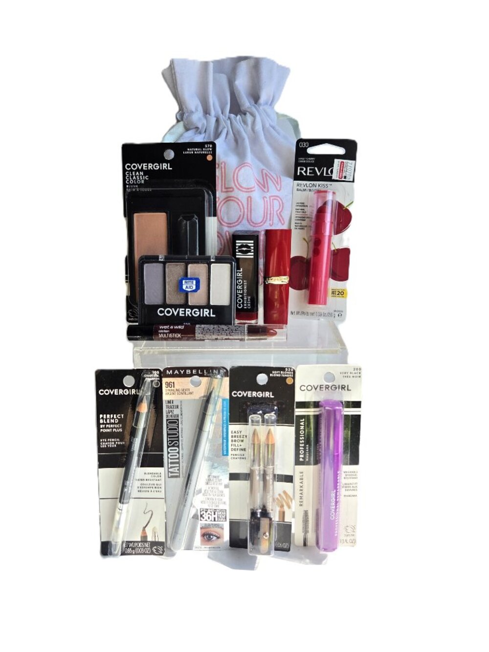 10pc NEW Makeup Lot EYES LIPS FACE Maybelline L'Oreal Covergirl + Sephora Bag!